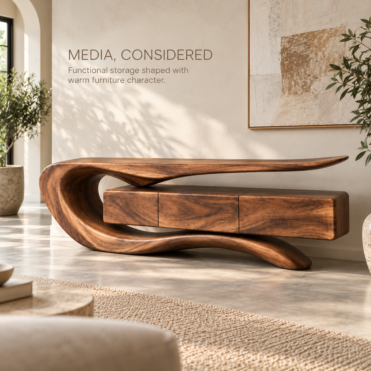 Darian Sculptural Solid Wood TV Stand - Design 086 - product detail and styling view 2