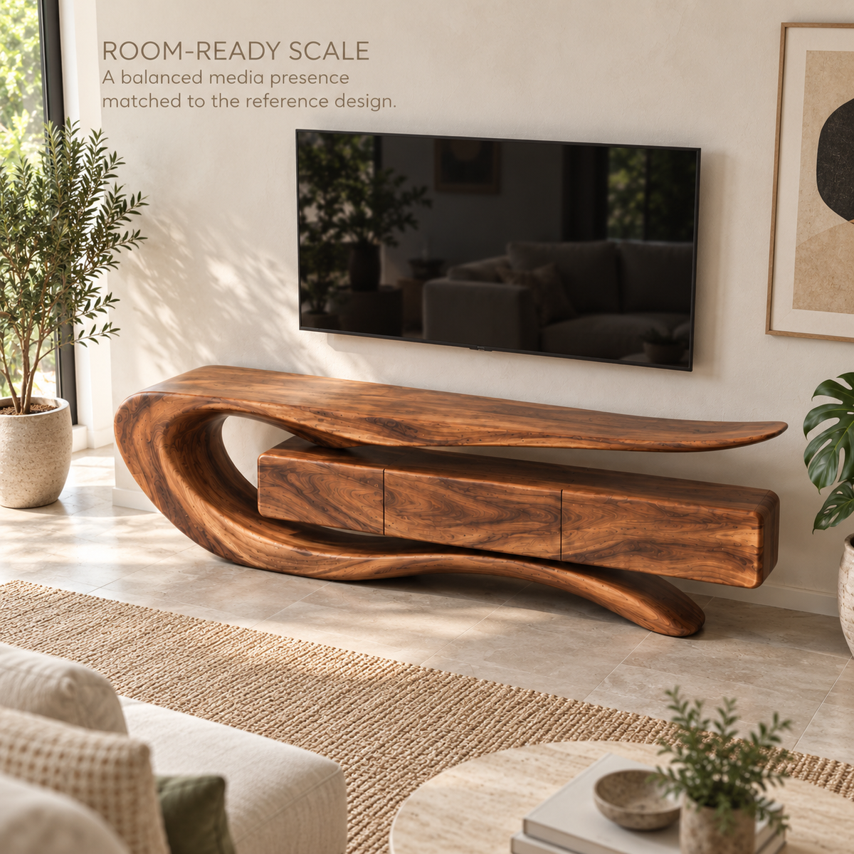 Darian Sculptural Solid Wood TV Stand - Design 086 - product detail and styling view 3