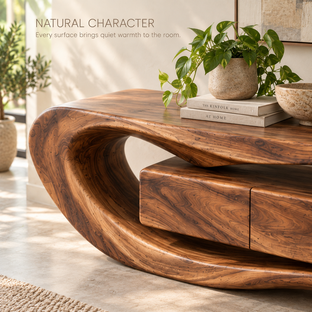 Darian Sculptural Solid Wood TV Stand - Design 086 - product detail and styling view 4