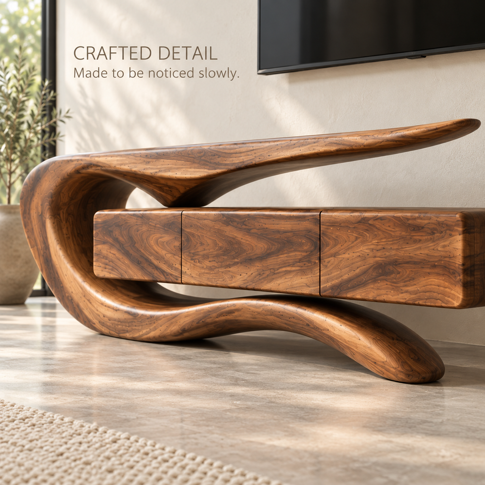 Darian Sculptural Solid Wood TV Stand - Design 086 - product detail and styling view 5