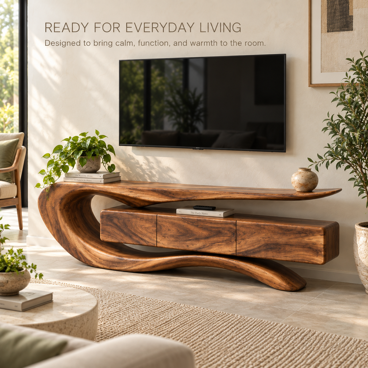 Darian Sculptural Solid Wood TV Stand - Design 086 - product detail and styling view 6