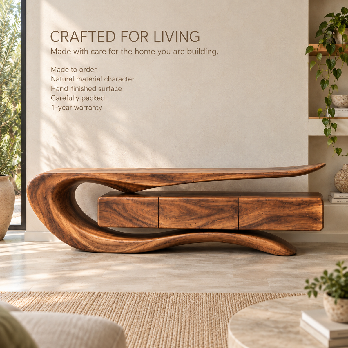 Darian Sculptural Solid Wood TV Stand - Design 086 - product detail and styling view 8