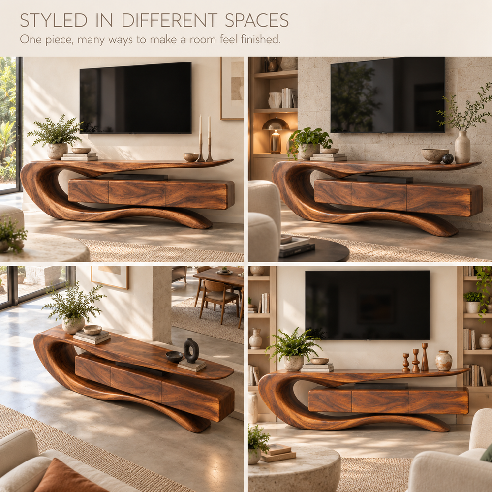 Darian Sculptural Solid Wood TV Stand - Design 086 - product detail and styling view 9