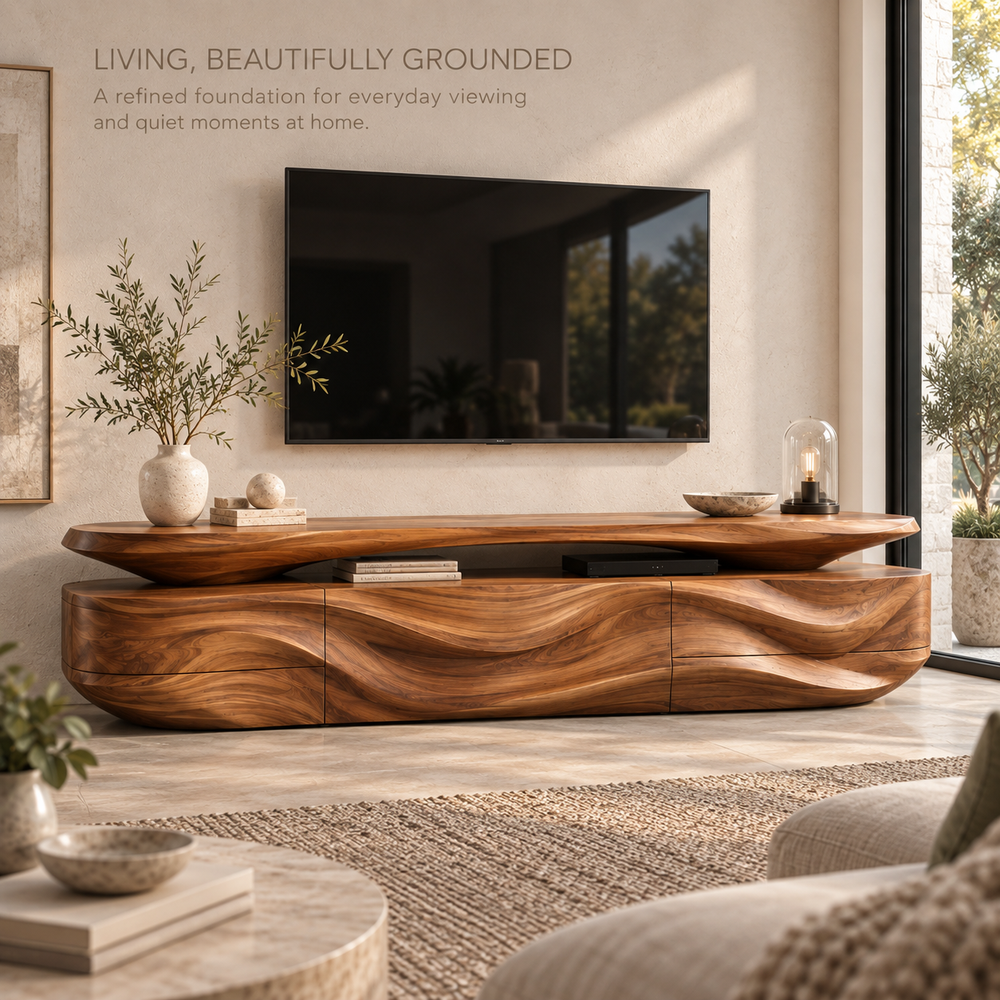 Mira Sculptural Solid Wood TV Stand - Design 087 - main lifestyle view