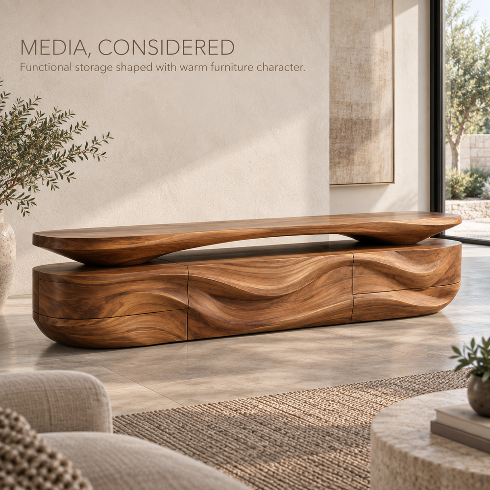 Mira Sculptural Solid Wood TV Stand - Design 087 - product detail and styling view 2