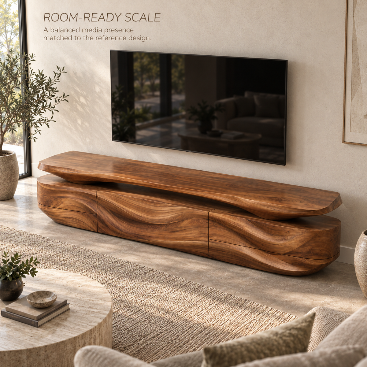 Mira Sculptural Solid Wood TV Stand - Design 087 - product detail and styling view 3