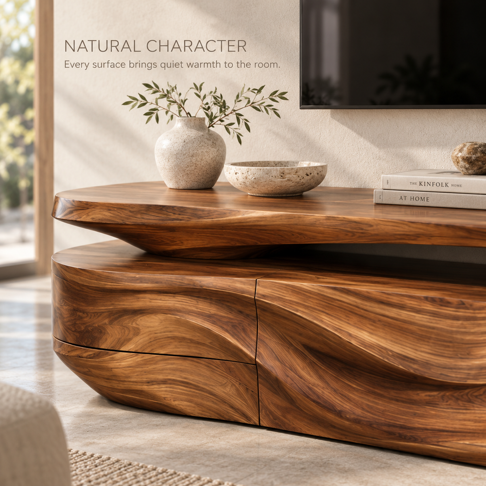 Mira Sculptural Solid Wood TV Stand - Design 087 - product detail and styling view 4