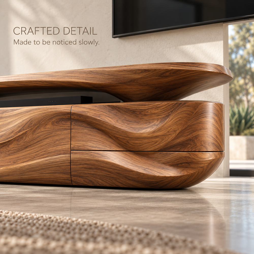 Mira Sculptural Solid Wood TV Stand - Design 087 - product detail and styling view 5