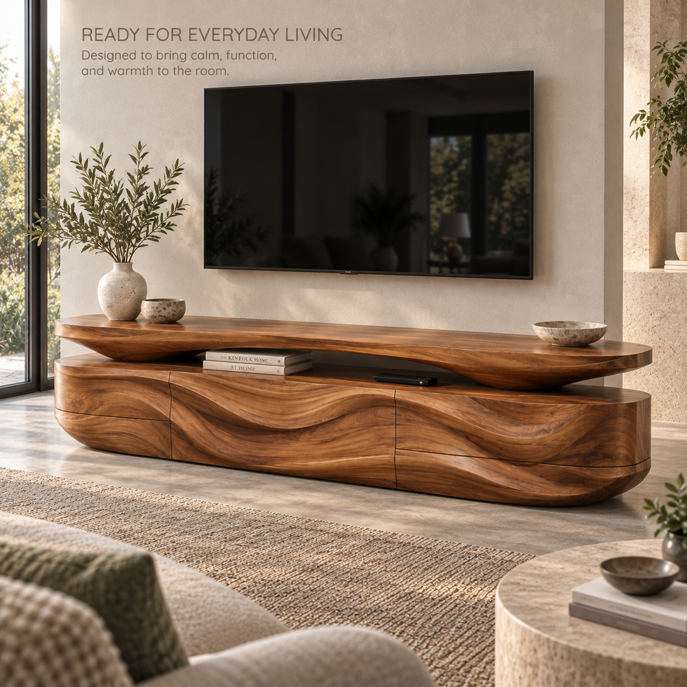 Mira Sculptural Solid Wood TV Stand - Design 087 - product detail and styling view 6
