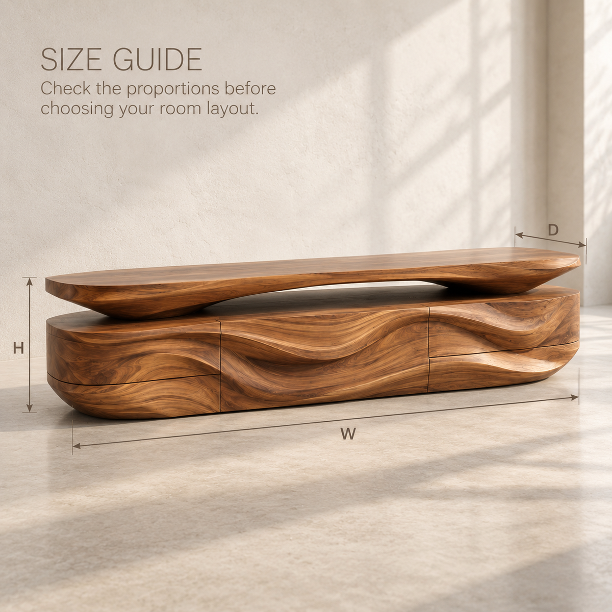 Mira Sculptural Solid Wood TV Stand - Design 087 - product detail and styling view 7