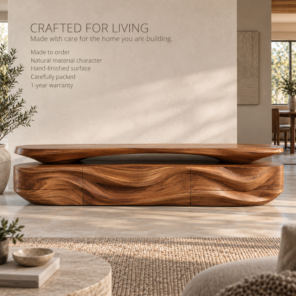 Mira Sculptural Solid Wood TV Stand - Design 087 - product detail and styling view 8