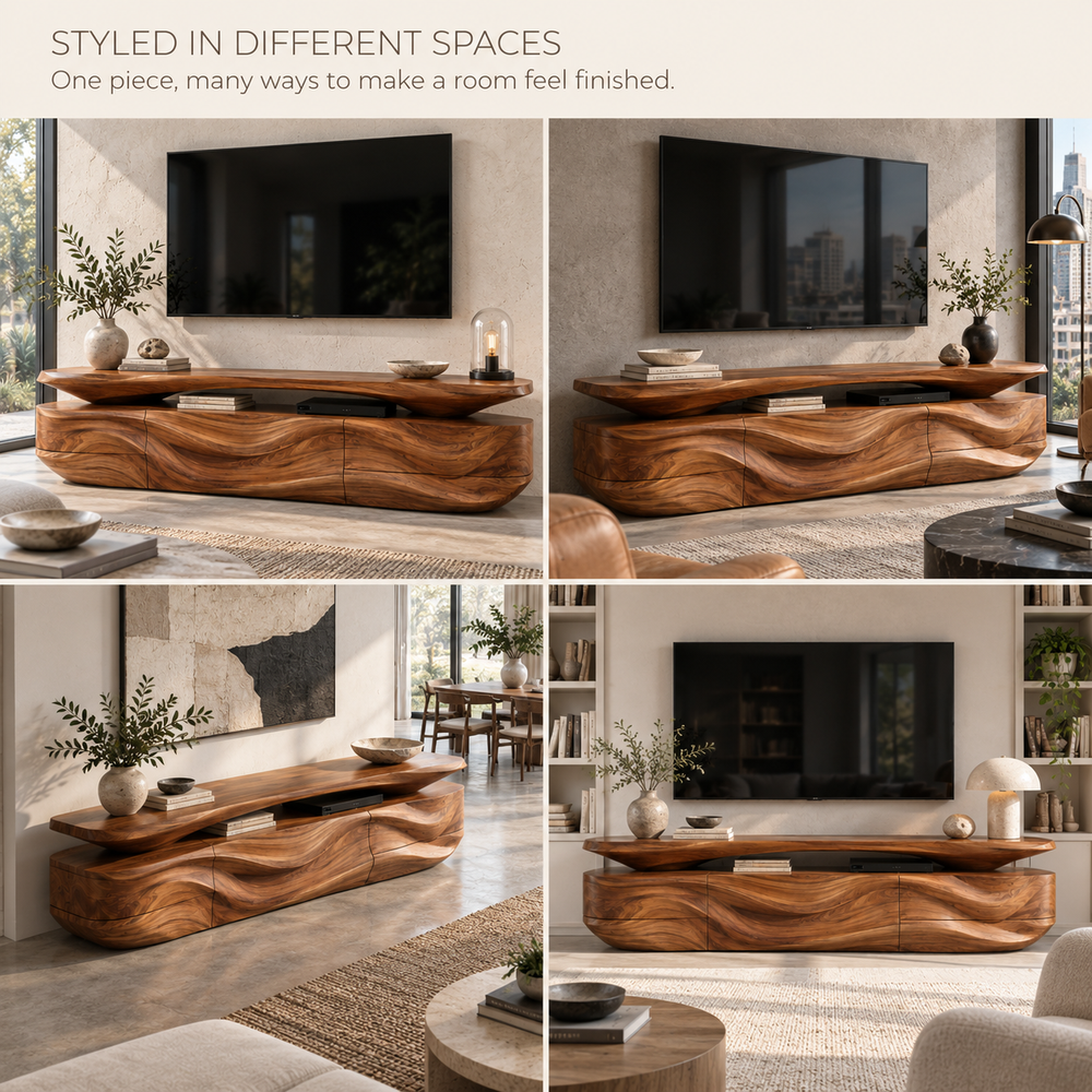 Mira Sculptural Solid Wood TV Stand - Design 087 - product detail and styling view 9