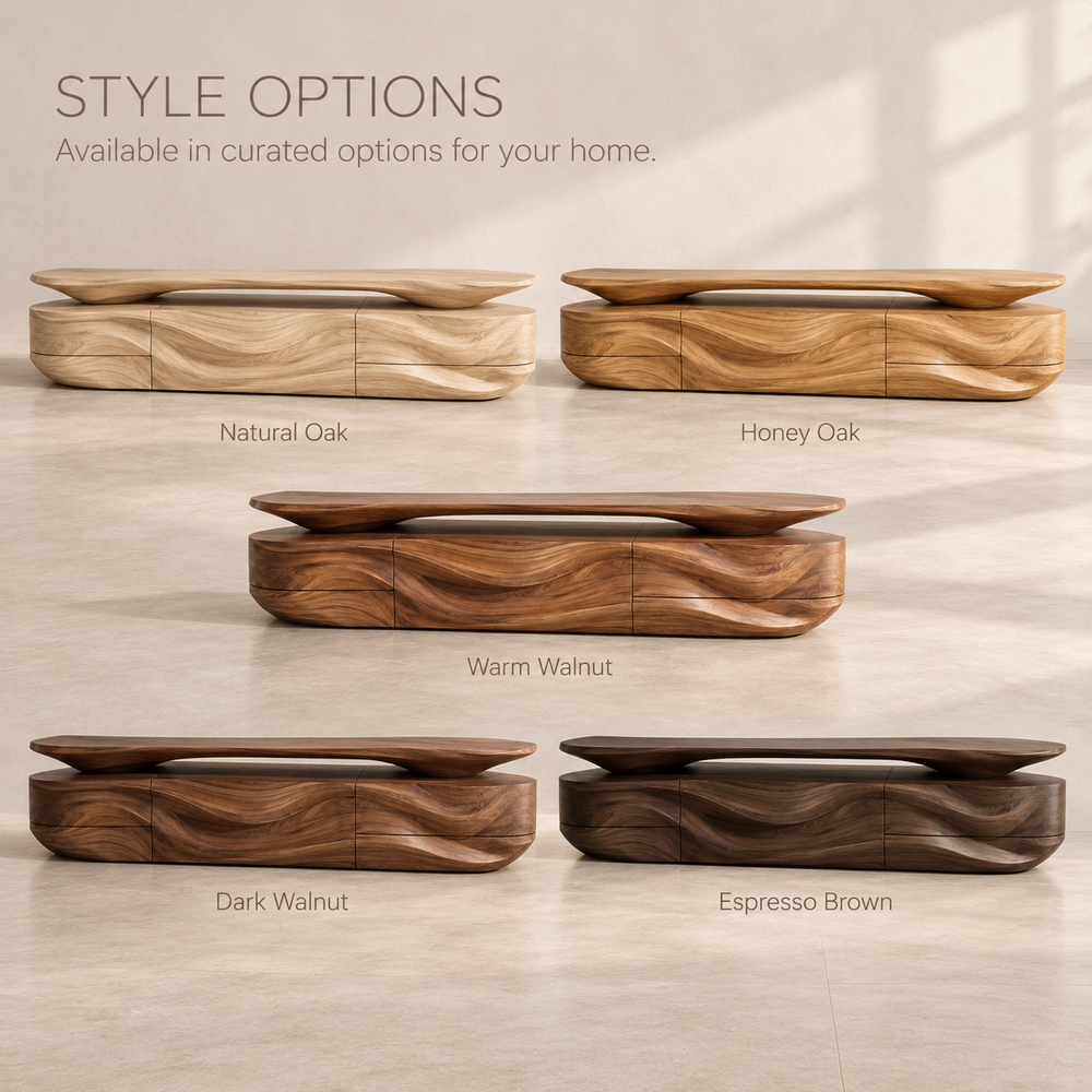 Mira Sculptural Solid Wood TV Stand - Design 087 - product detail and styling view 10