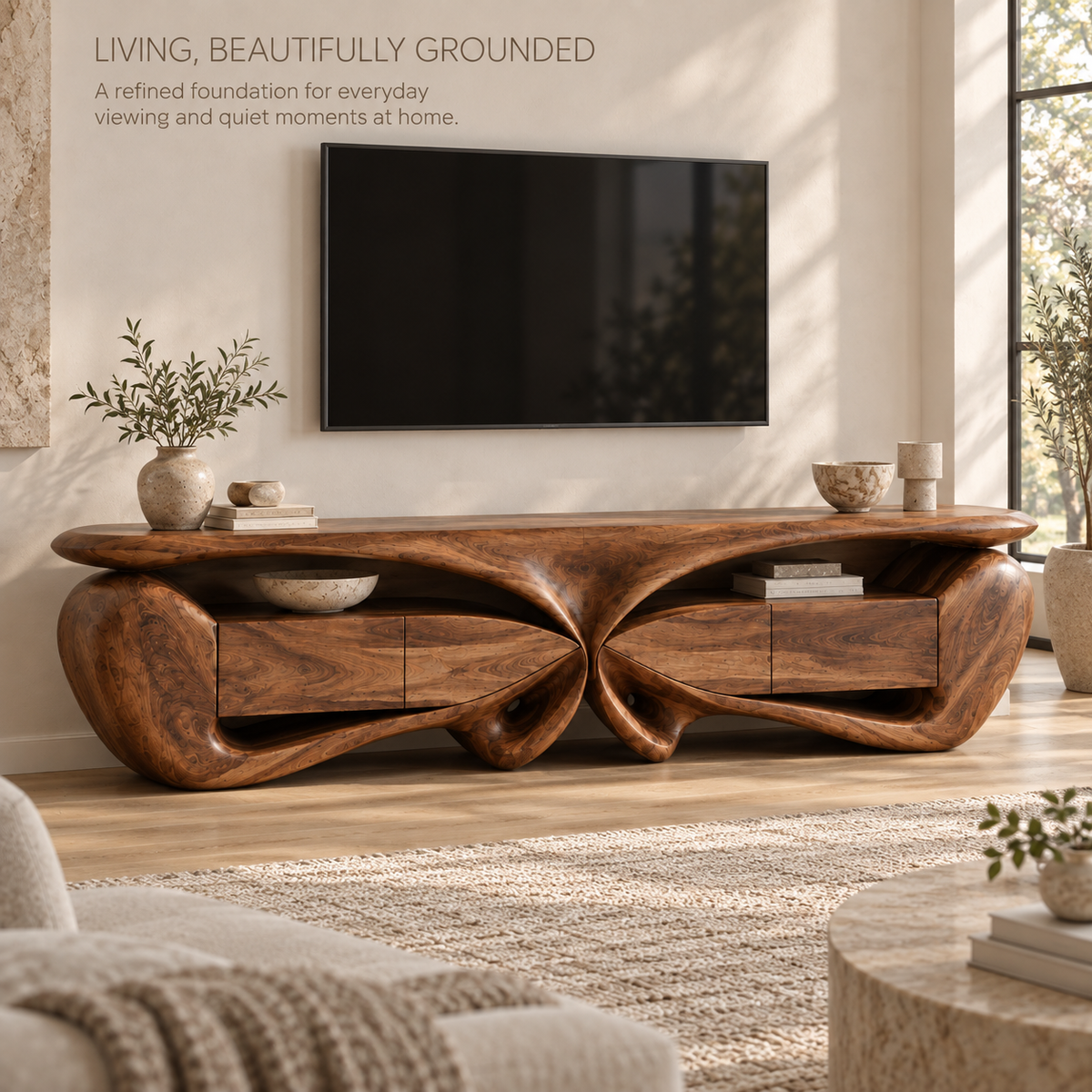 Talia Sculptural Solid Wood TV Stand - Design 088 - main lifestyle view