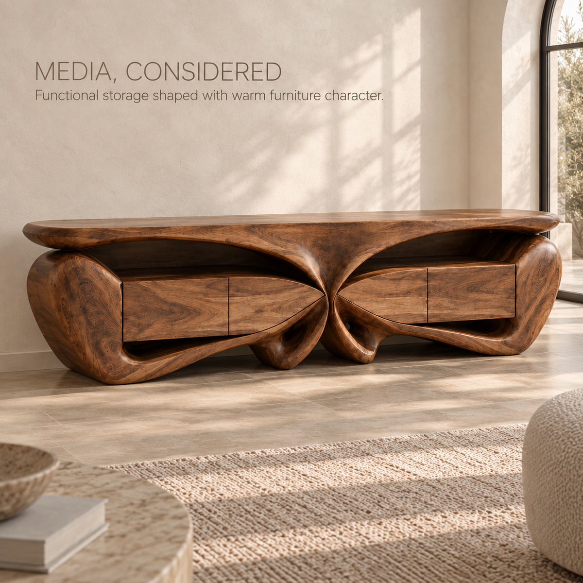 Talia Sculptural Solid Wood TV Stand - Design 088 - product detail and styling view 2