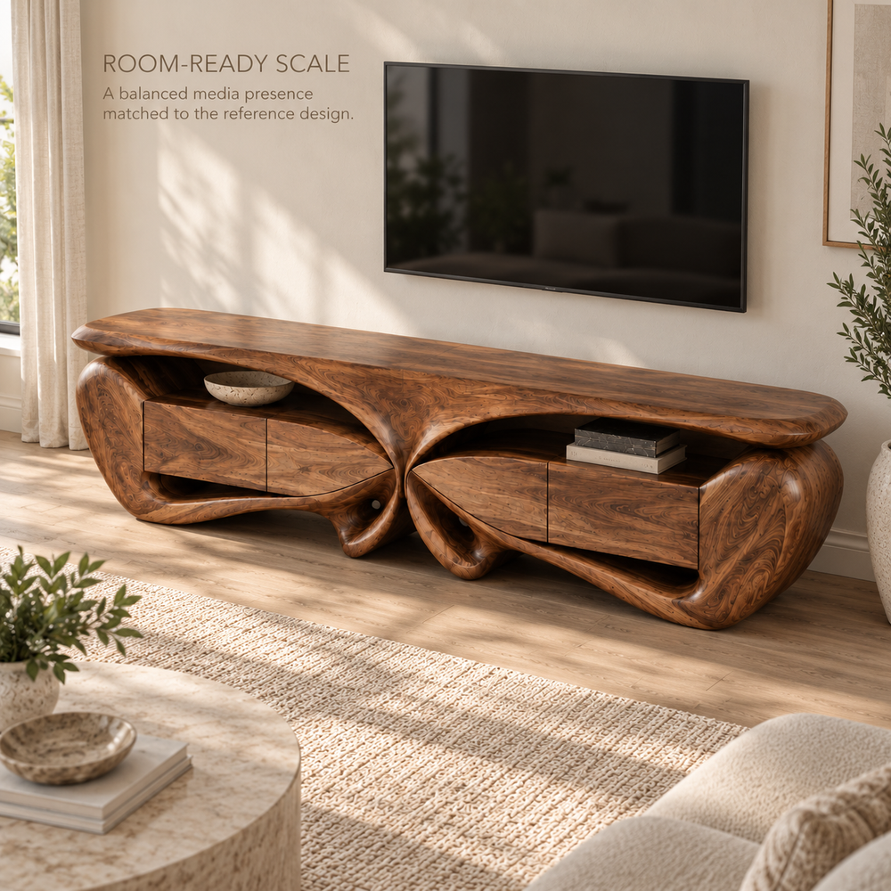 Talia Sculptural Solid Wood TV Stand - Design 088 - product detail and styling view 3