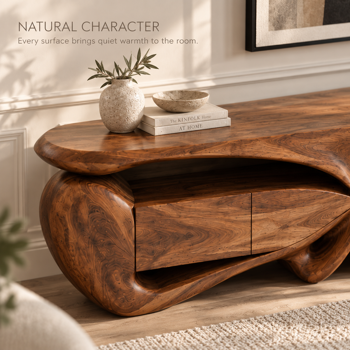 Talia Sculptural Solid Wood TV Stand - Design 088 - product detail and styling view 4
