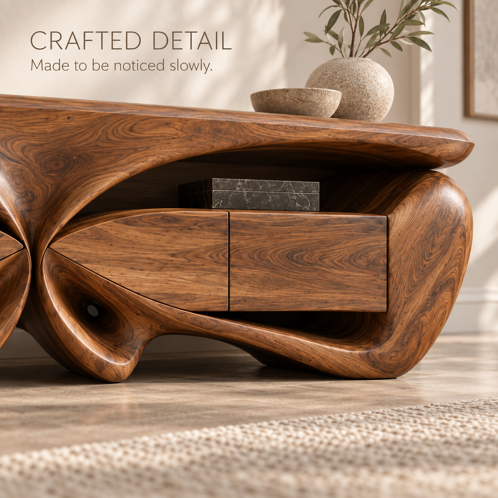 Talia Sculptural Solid Wood TV Stand - Design 088 - product detail and styling view 5