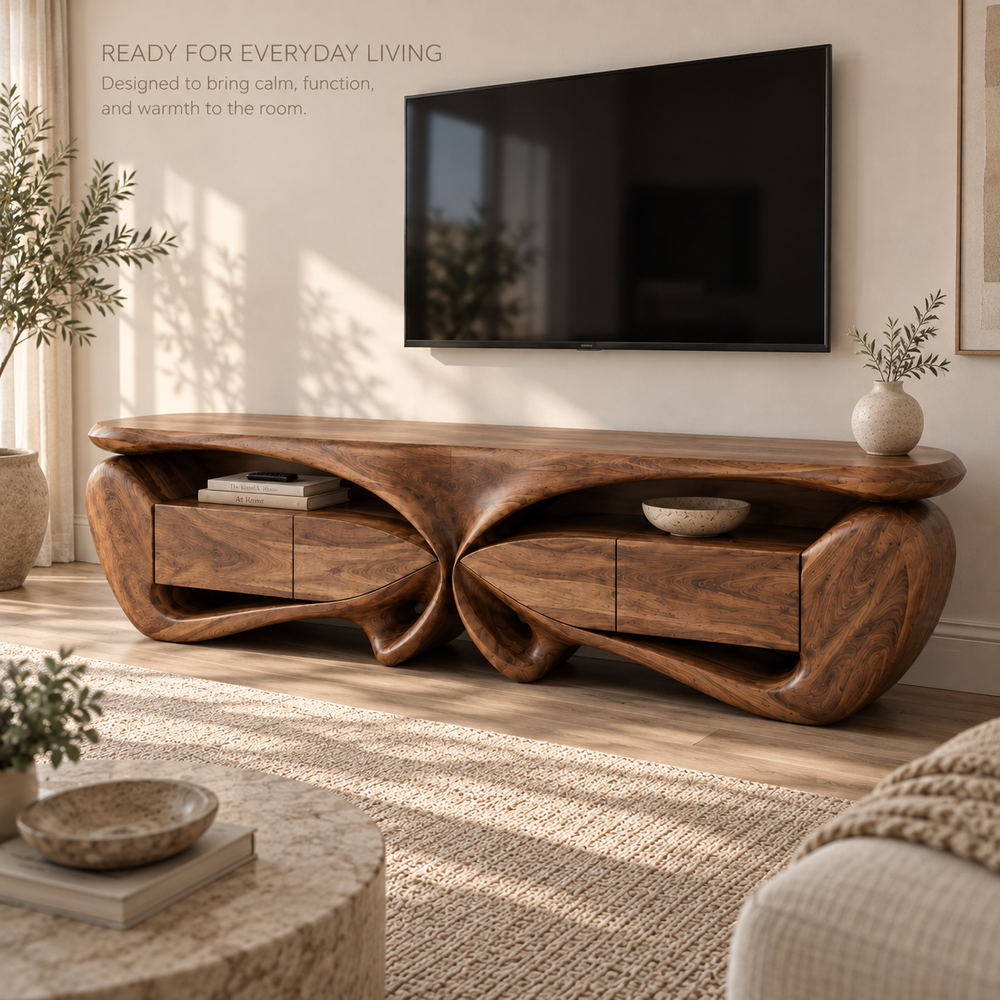 Talia Sculptural Solid Wood TV Stand - Design 088 - product detail and styling view 6