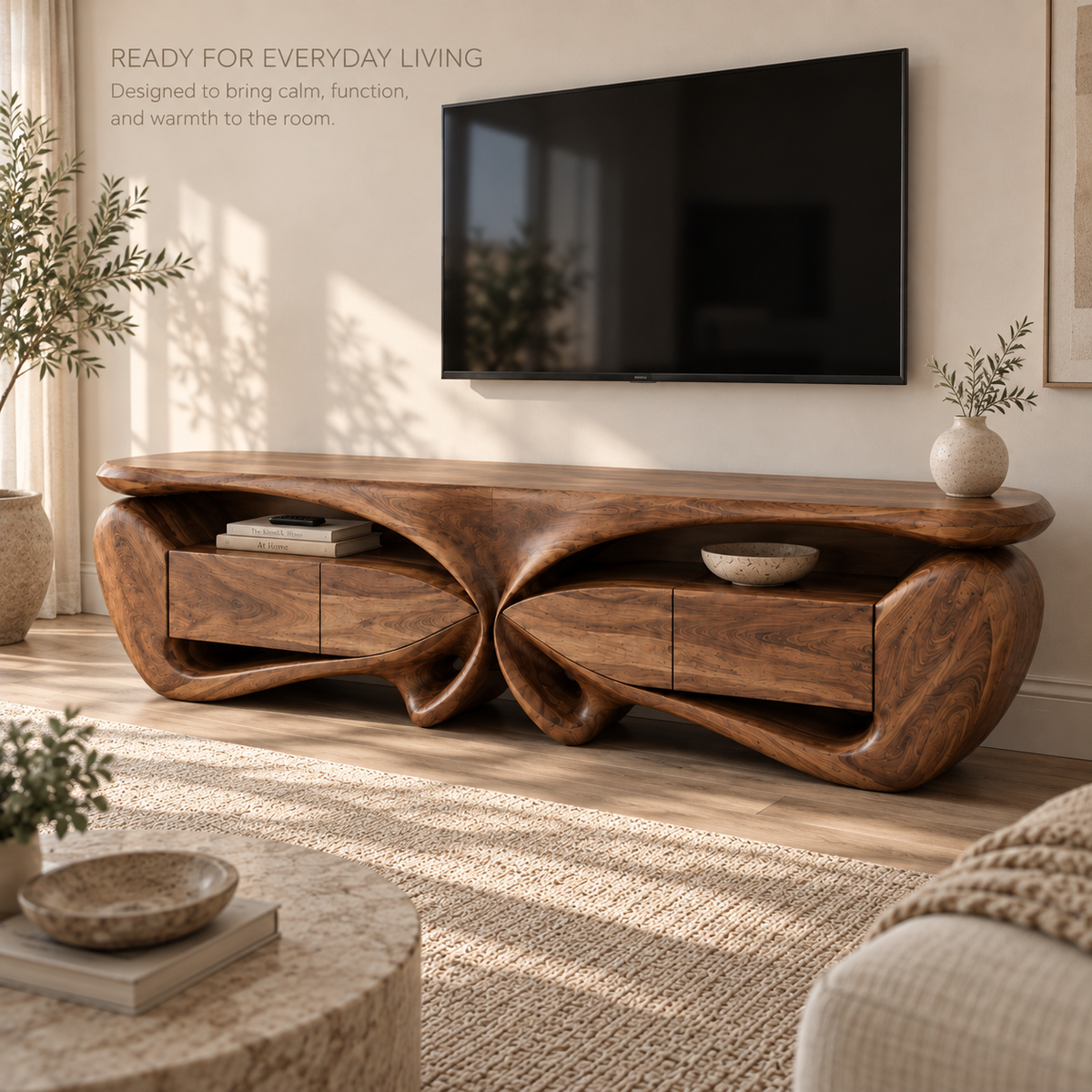 Talia Sculptural Solid Wood TV Stand - Design 088 - product detail and styling view 6