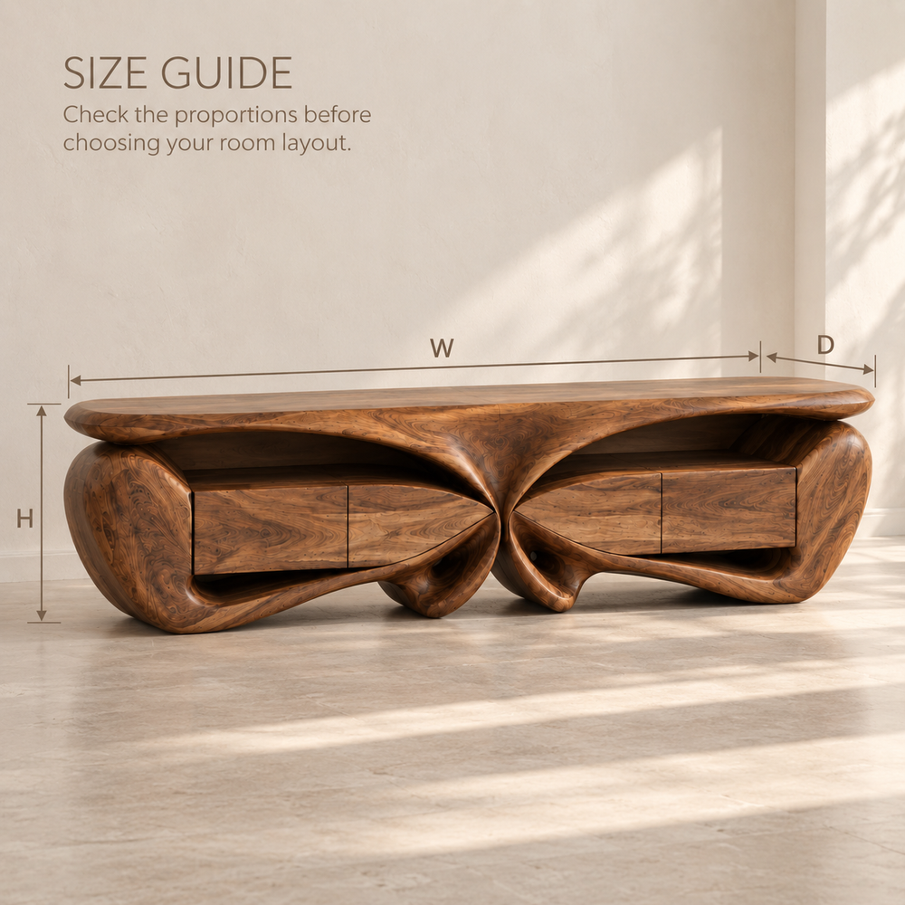 Talia Sculptural Solid Wood TV Stand - Design 088 - product detail and styling view 7