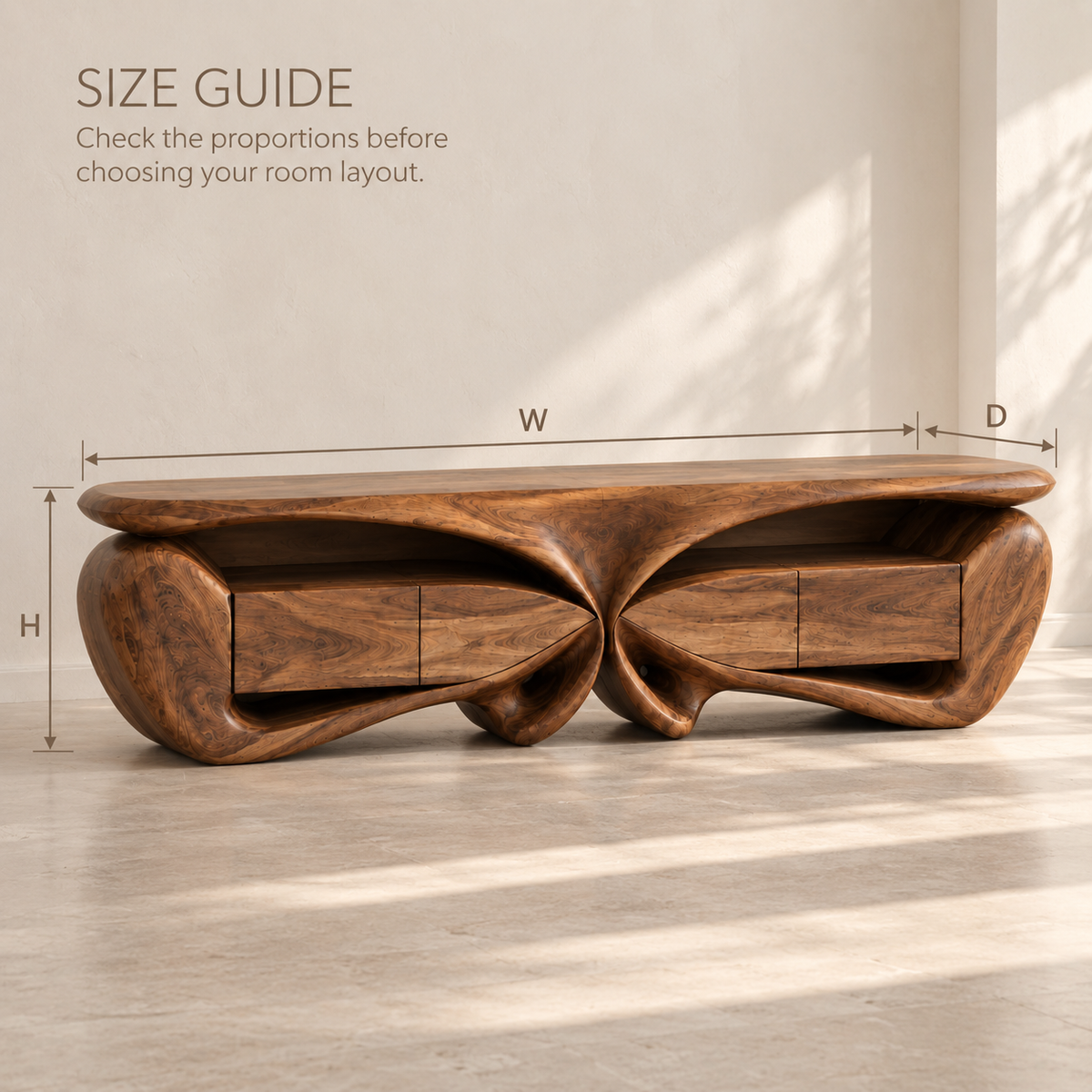 Talia Sculptural Solid Wood TV Stand - Design 088 - product detail and styling view 7