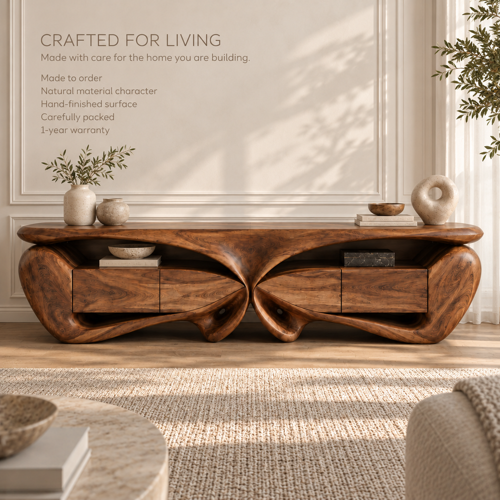 Talia Sculptural Solid Wood TV Stand - Design 088 - product detail and styling view 8