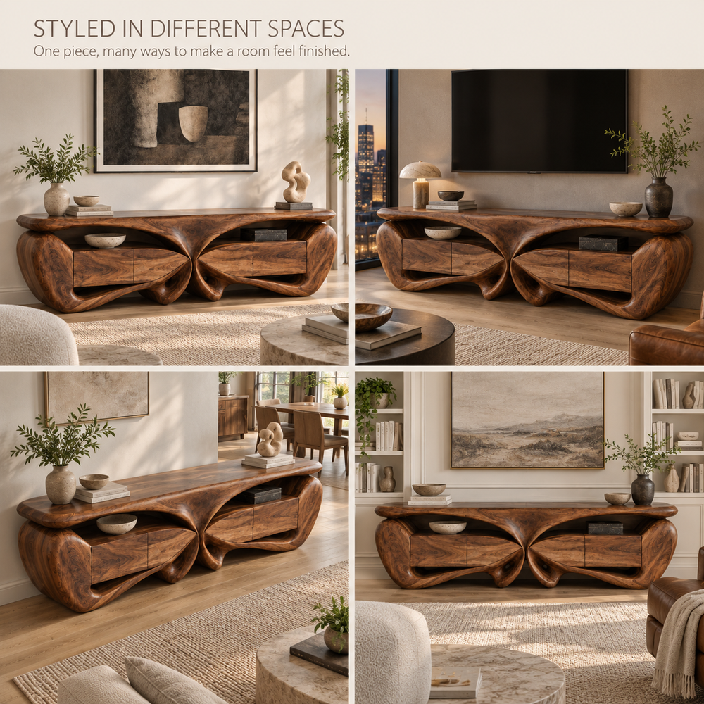 Talia Sculptural Solid Wood TV Stand - Design 088 - product detail and styling view 9