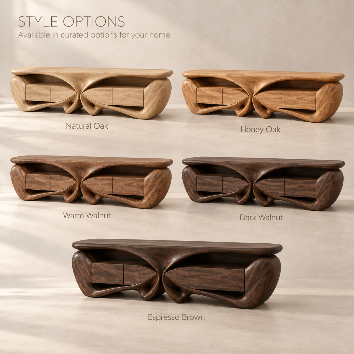 Talia Sculptural Solid Wood TV Stand - Design 088 - product detail and styling view 10