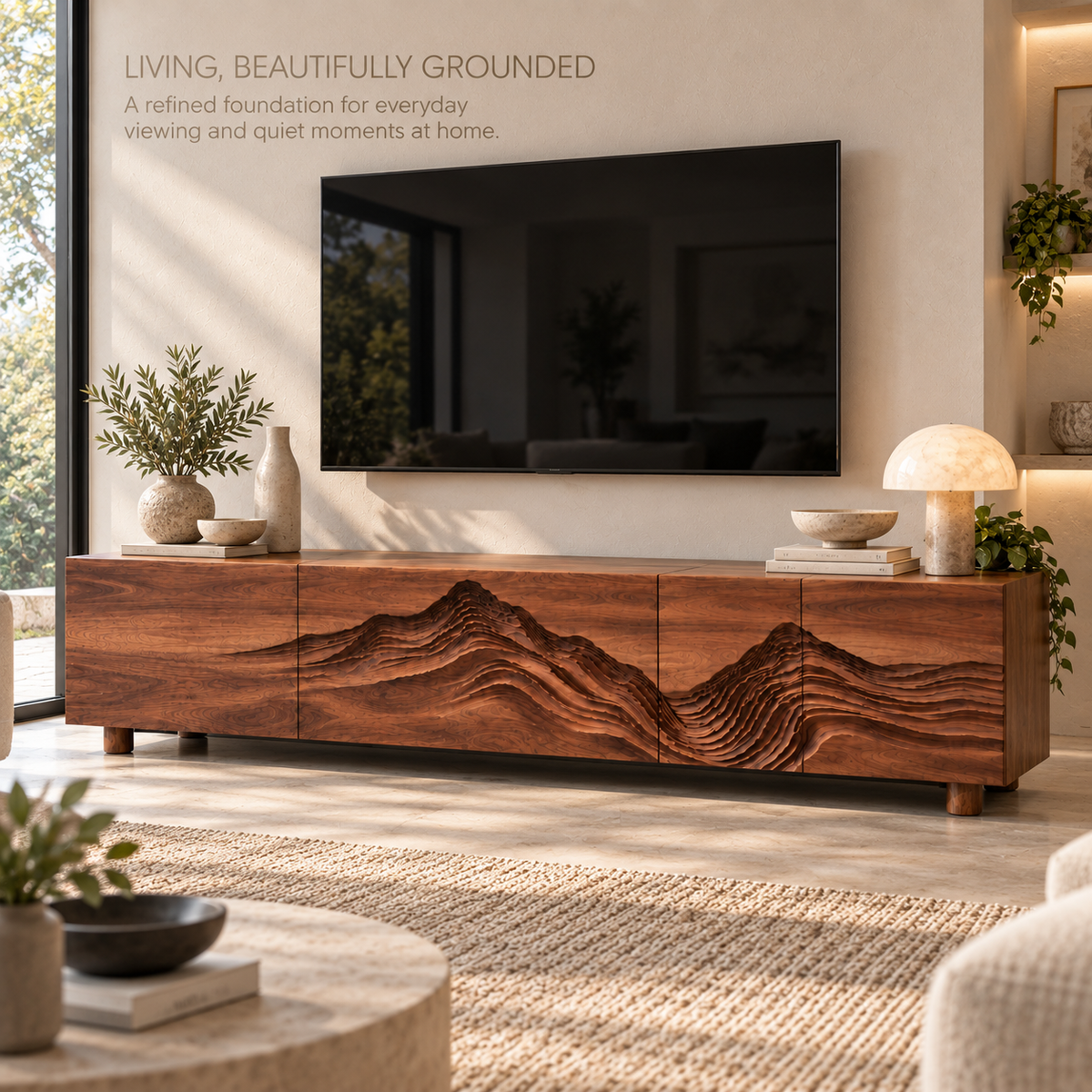 Isla Sculptural Solid Wood TV Stand - Design 090 - main lifestyle view