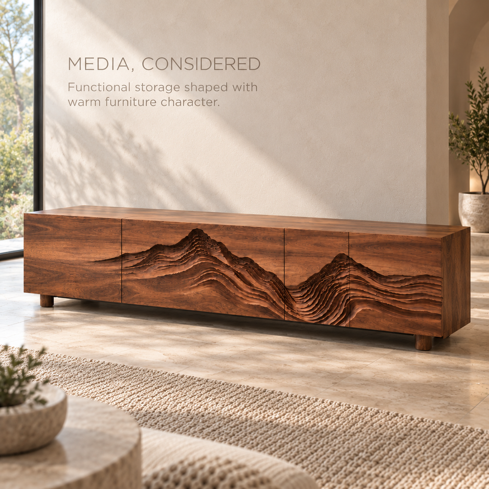 Isla Sculptural Solid Wood TV Stand - Design 090 - product detail and styling view 2