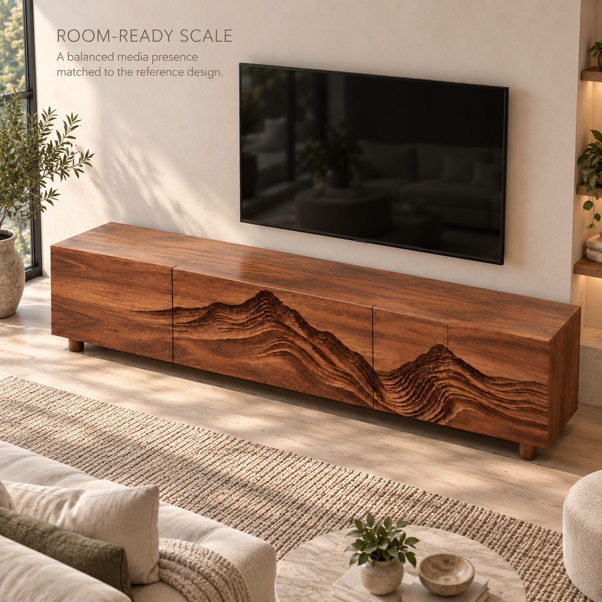 Isla Sculptural Solid Wood TV Stand - Design 090 - product detail and styling view 3