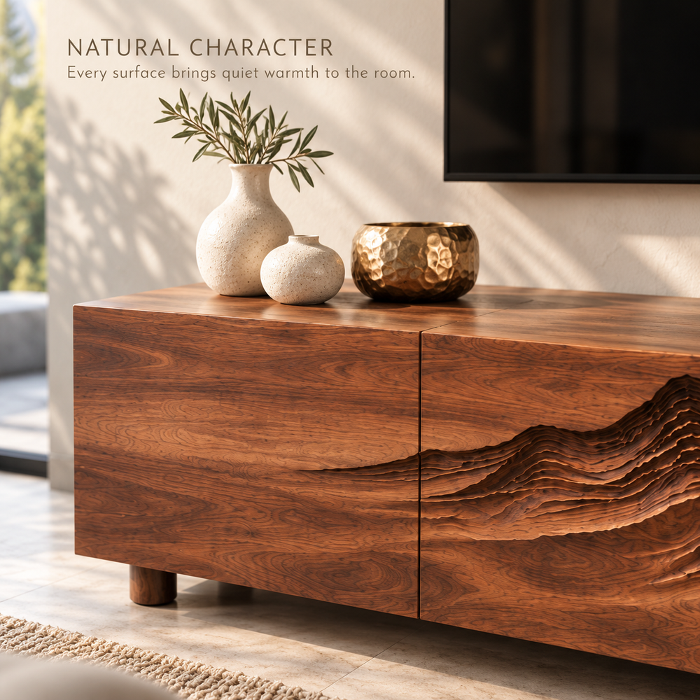 Isla Sculptural Solid Wood TV Stand - Design 090 - product detail and styling view 4