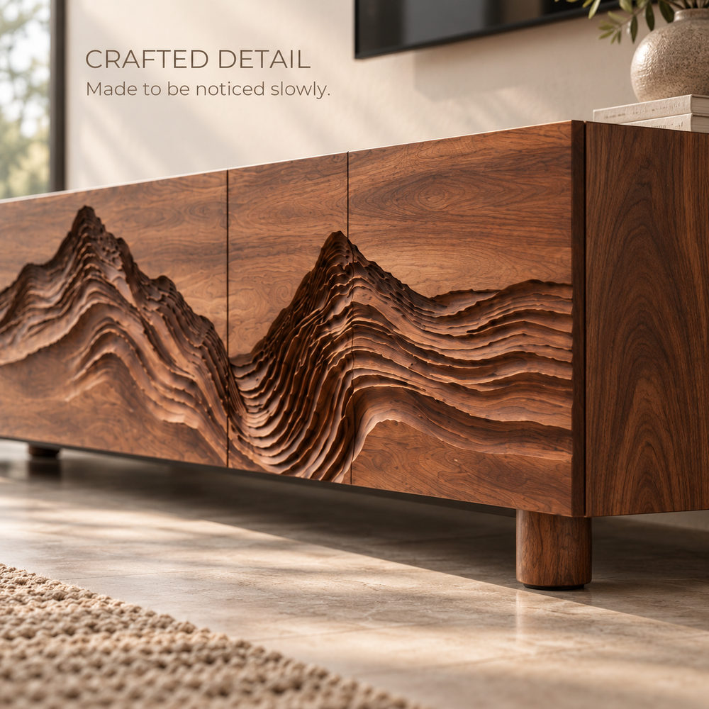 Isla Sculptural Solid Wood TV Stand - Design 090 - product detail and styling view 5