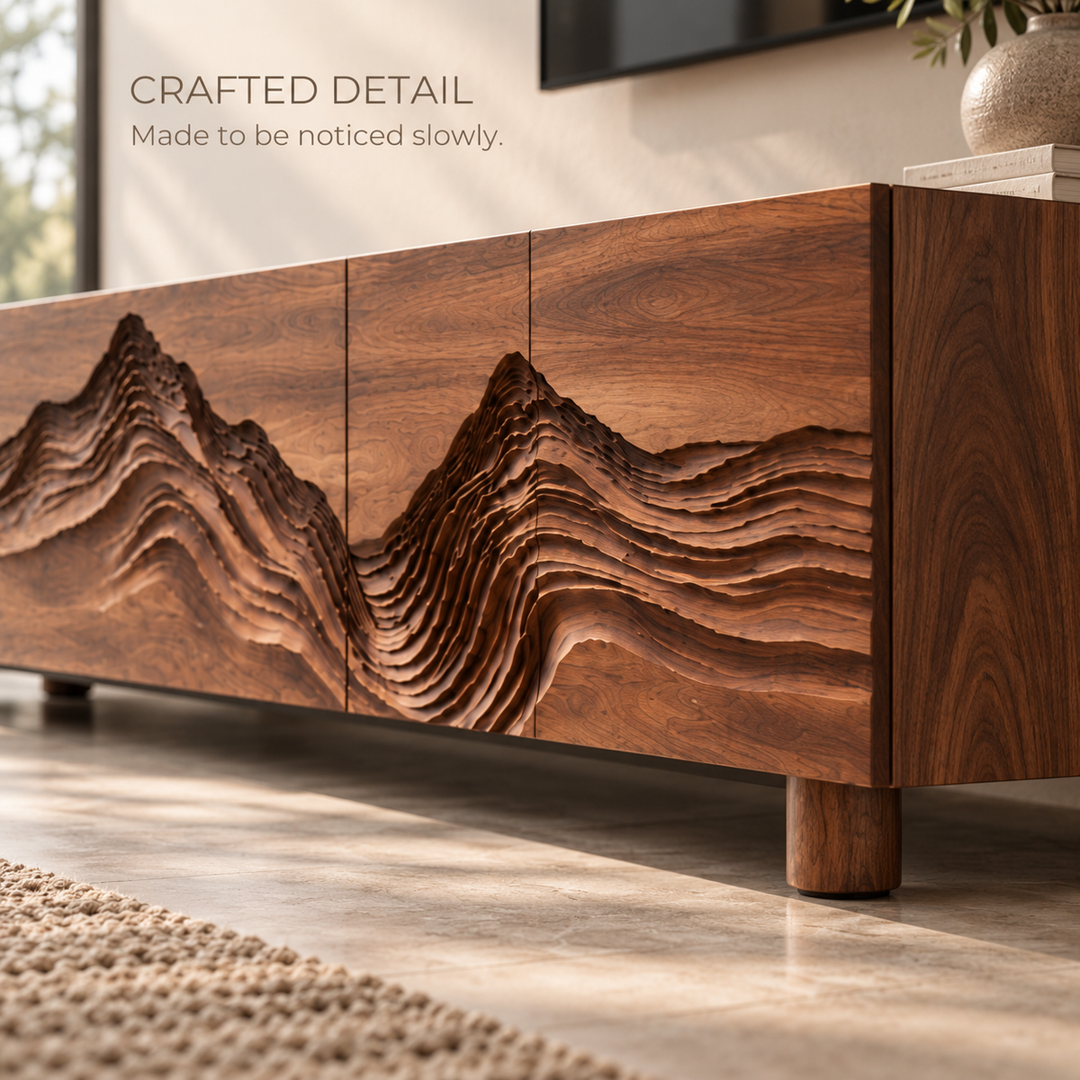 Isla Sculptural Solid Wood TV Stand - Design 090 - product detail and styling view 5