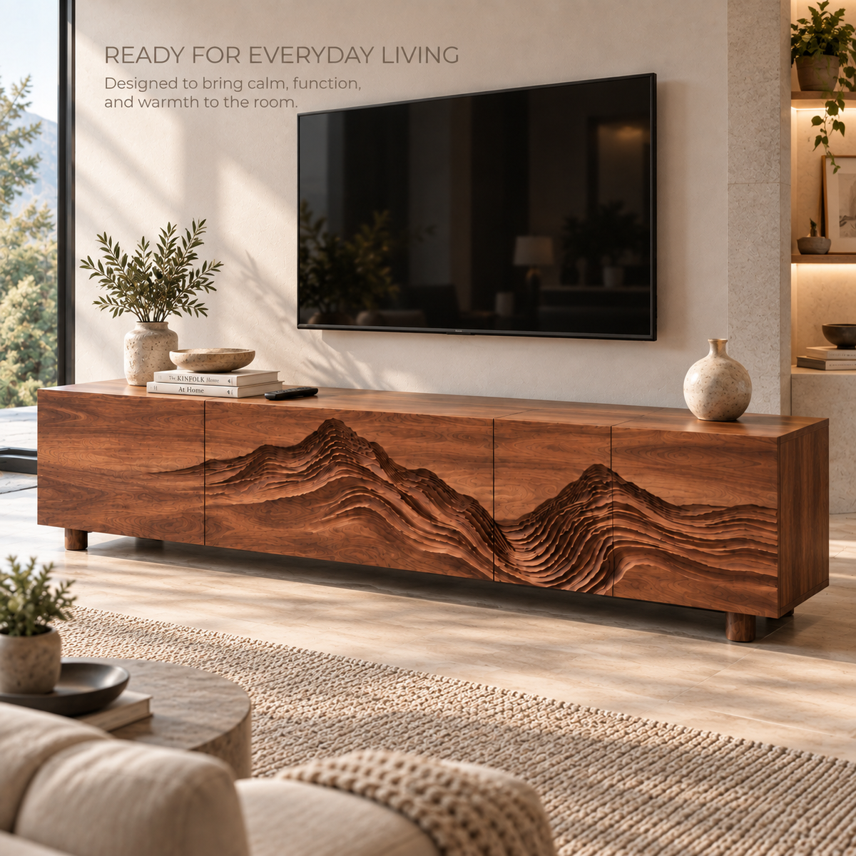 Isla Sculptural Solid Wood TV Stand - Design 090 - product detail and styling view 6
