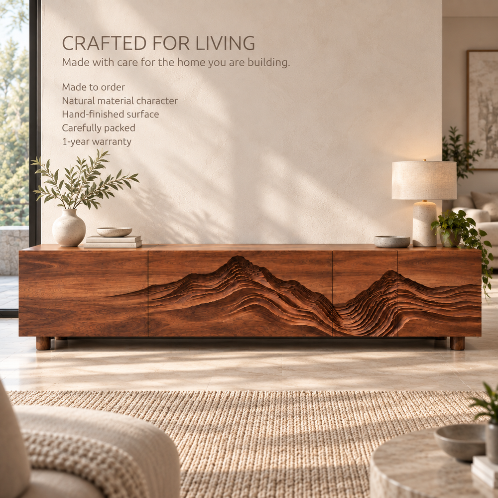 Isla Sculptural Solid Wood TV Stand - Design 090 - product detail and styling view 8