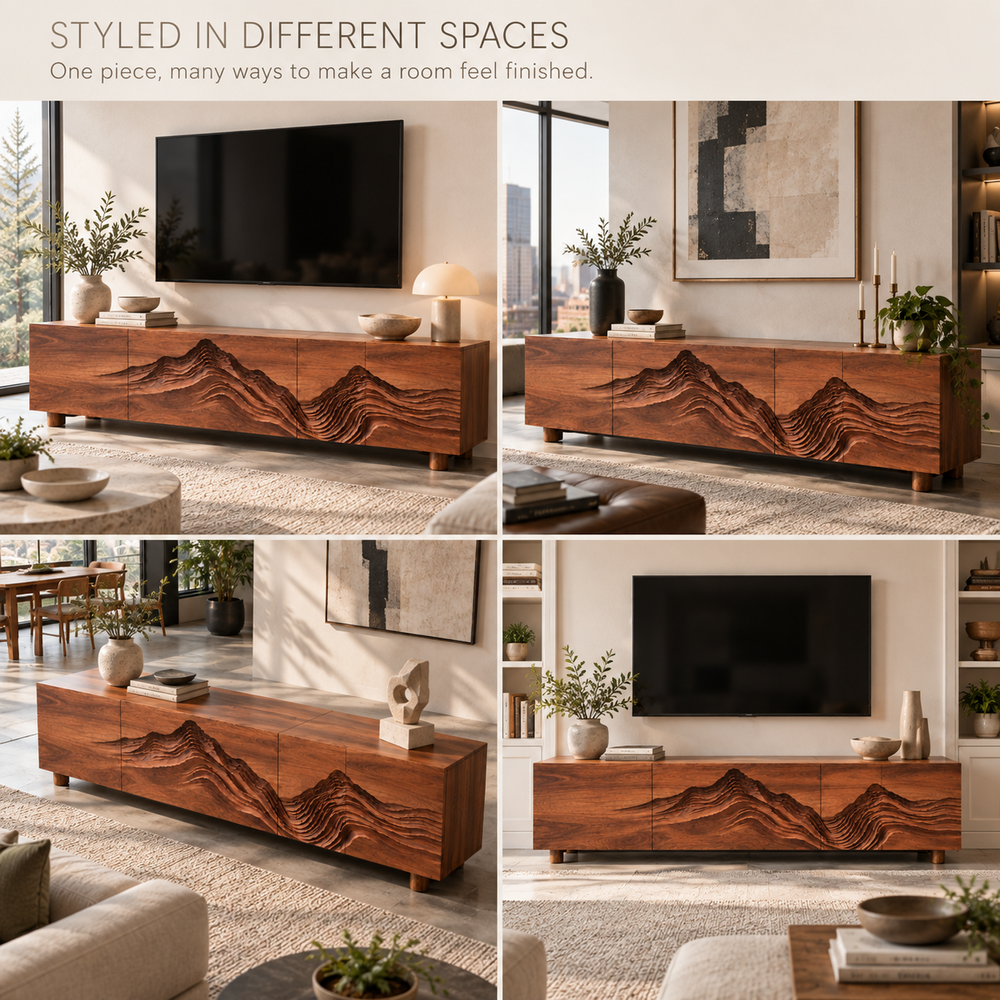 Isla Sculptural Solid Wood TV Stand - Design 090 - product detail and styling view 9