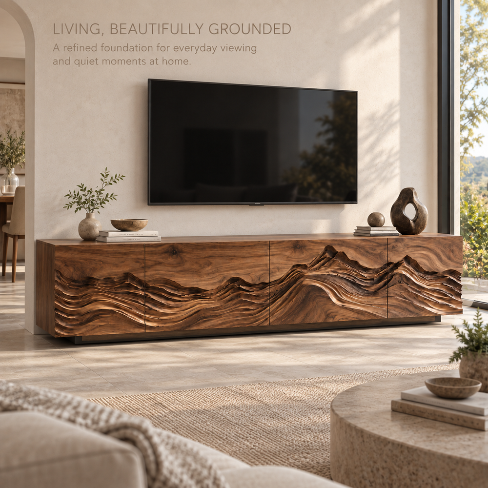 Celine Sculptural Solid Wood TV Stand - Design 091 - main lifestyle view