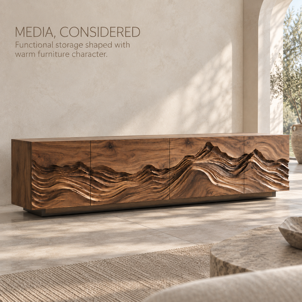Celine Sculptural Solid Wood TV Stand - Design 091 - product detail and styling view 2