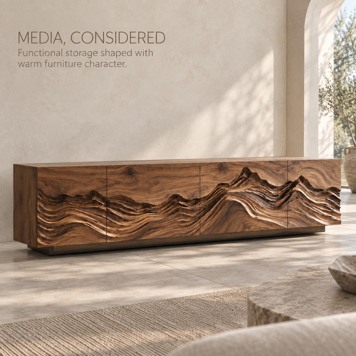 Celine Sculptural Solid Wood TV Stand - Design 091 - product detail and styling view 2