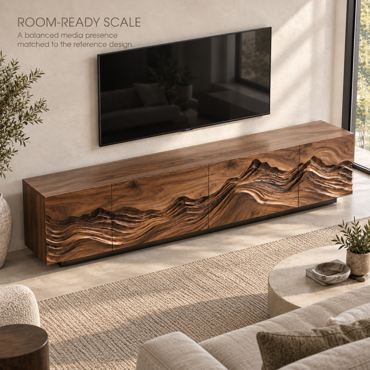 Celine Sculptural Solid Wood TV Stand - Design 091 - product detail and styling view 3