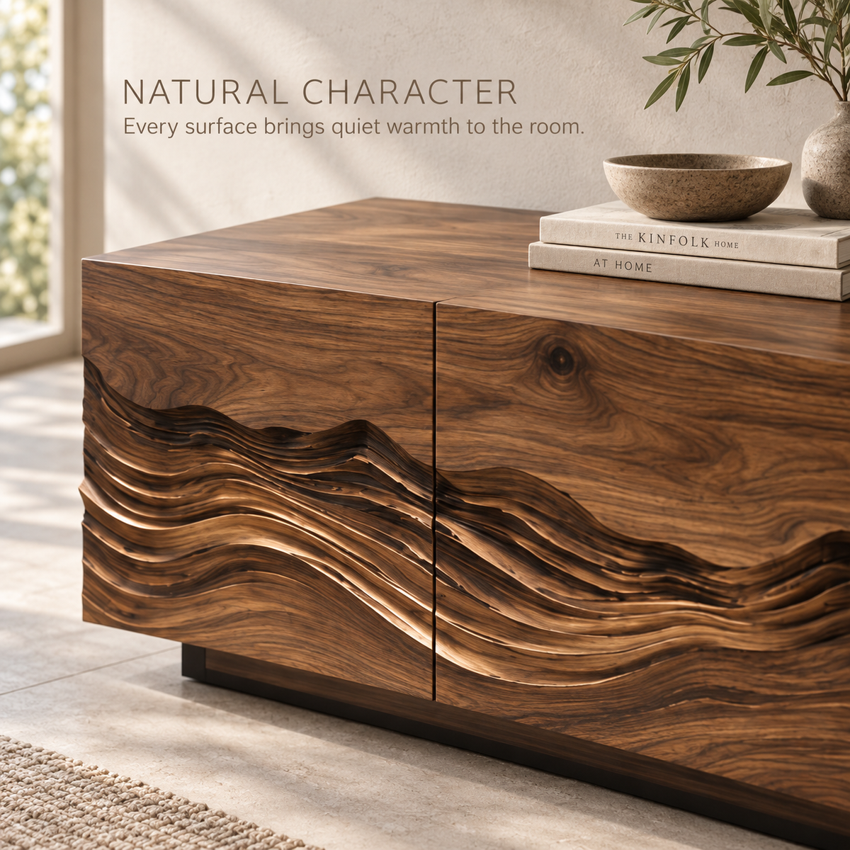 Celine Sculptural Solid Wood TV Stand - Design 091 - product detail and styling view 4