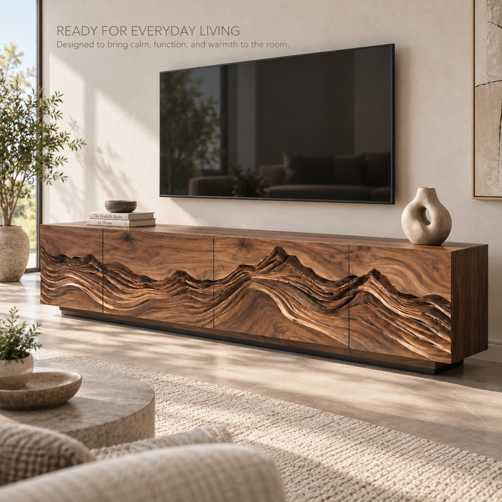 Celine Sculptural Solid Wood TV Stand - Design 091 - product detail and styling view 6