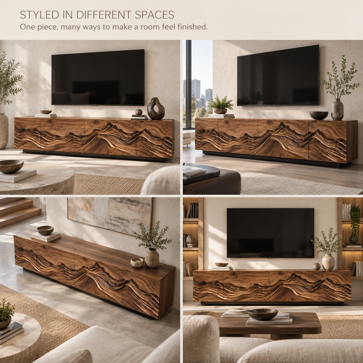Celine Sculptural Solid Wood TV Stand - Design 091 - product detail and styling view 9