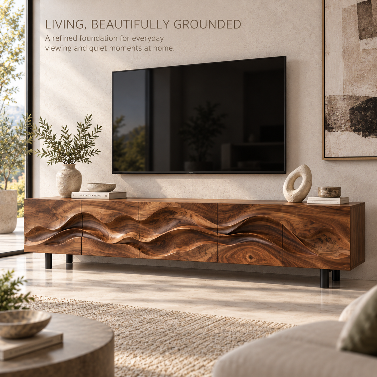 Alden Sculptural Solid Wood TV Stand - Design 092 - main lifestyle view