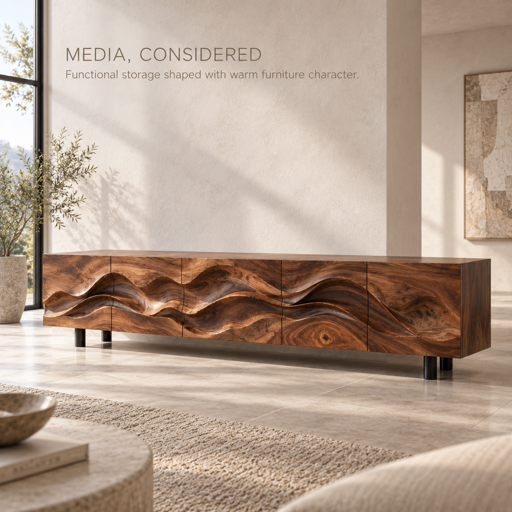 Alden Sculptural Solid Wood TV Stand - Design 092 - product detail and styling view 2