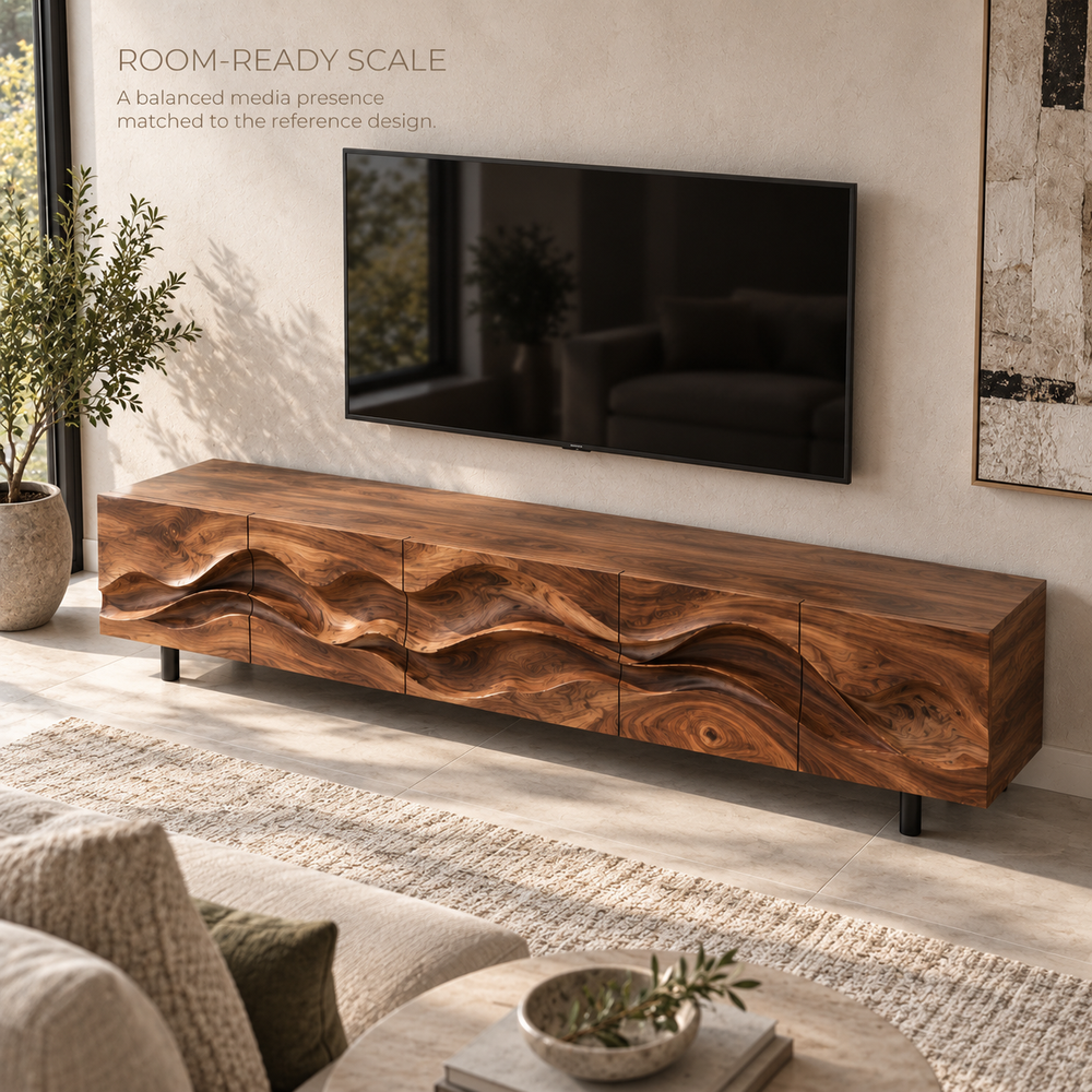 Alden Sculptural Solid Wood TV Stand - Design 092 - product detail and styling view 3