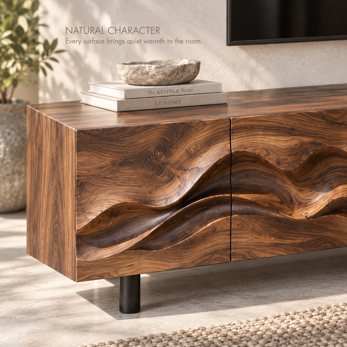 Alden Sculptural Solid Wood TV Stand - Design 092 - product detail and styling view 4