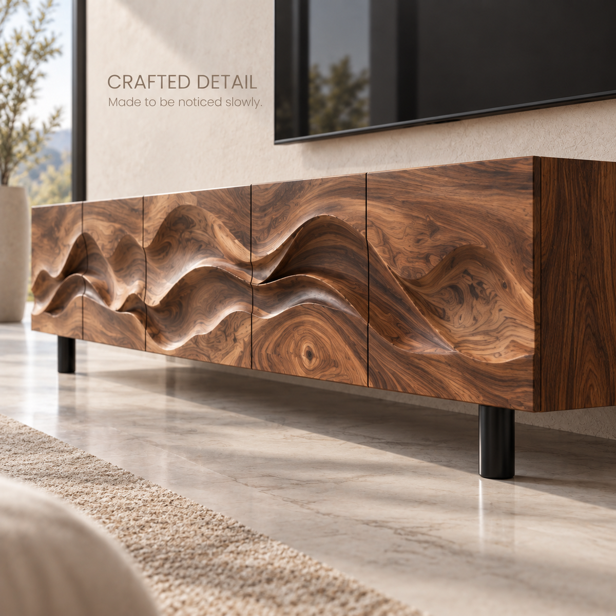 Alden Sculptural Solid Wood TV Stand - Design 092 - product detail and styling view 5
